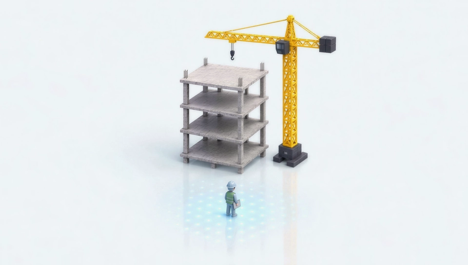 Clay model of a consultant in a green vest checking a building under construction